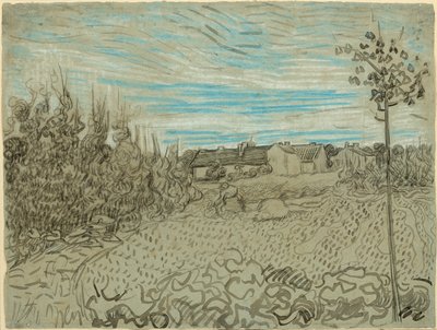 Stugor med en kvinna som arbetar i mittfältet av Vincent van Gogh