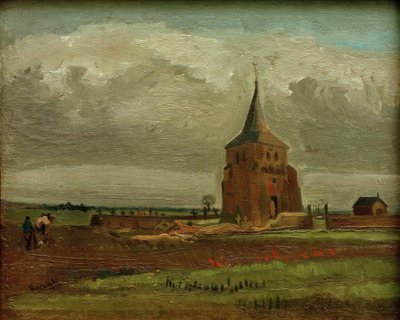 Det gamla kyrkogårdstornet i Nuenen med en plöjande bonde av Vincent van Gogh