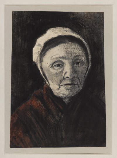 Huvud av en gammal kvinna i en Scheveninger-keps, 1882-83 (kol, svart och brun krita på papper) av Vincent van Gogh