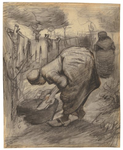 Bonde med tvättställ i en trädgård; Bondekvinna med handfat i en trädgård, 1885 av Vincent van Gogh