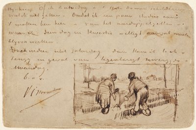Vykort med två bönder som gräver, 1885 (penna och brunt bläck på ett vykort) av Vincent van Gogh