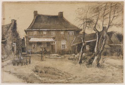 Prästgården i Neunen: Sett från baksidan, med konstnärsstudion till höger, ca 1884 (grafit, penna och brunt bläck, brun tvätt, förhöjd med vitt på vävt papper) av Vincent van Gogh