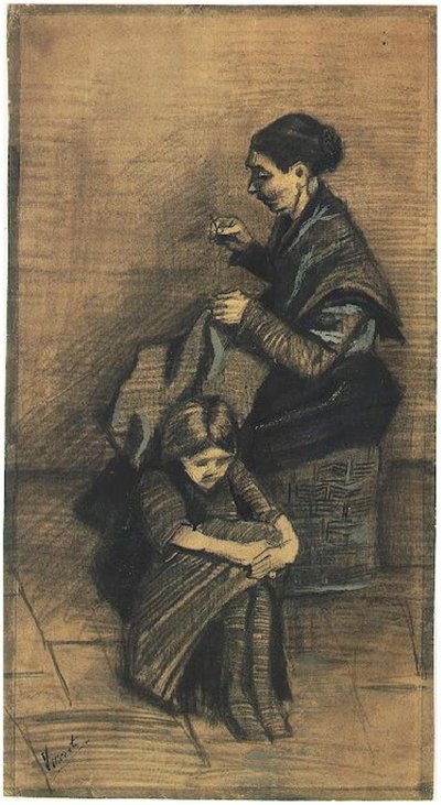 Sien,-Sitting-on-a-Basket,-with-a-Girl F1072 Vincent van Gogh av Vincent van Gogh