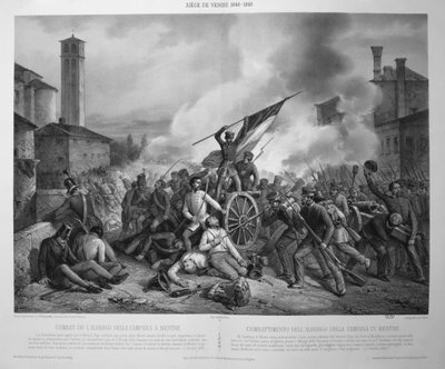 Slaget vid Albergo della Campana i Mestre den 27 oktober 1848 under belägringen av Venedig 1848-9 (litografi) av Vincenzo (after) Giacomelli