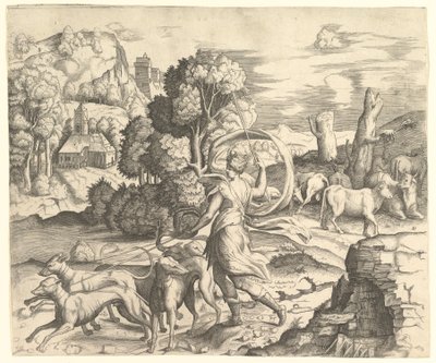 Jägaren Diana i ett landskap, ca. 1530-42. av Vincenzo Caccianemici
