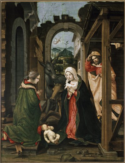 Nativity med St Catherine of Alexandria (olja på panel av Vincenzo Civerchio