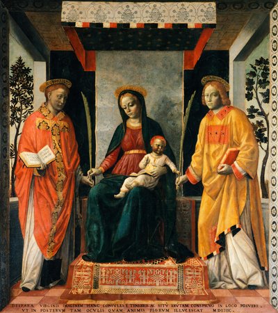 Madonna och barn mellan St Faustinus och St Jovita, av Vincenzo Foppa (ca 1427-ca 1515), Tempera på duk, 205x226 cm av Vincenzo Foppa