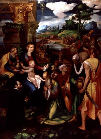 Tillbedjan av Magi med en donator (olja och tempera på panel) av Vincenzo da (d.1557) Pavia