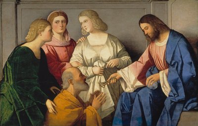La Remise des clefs a saint Pierre - Kristus som ger nycklarna till Sankt Peter - Catena, Vincenzo di Biagio (ca.1470-1531) - ca. 1520 - Olja på trä - 86x135 - Museo del Prado, Madrid av Vincenzo di Biagio Catena