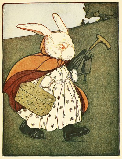 Sedan gick gamla fru kanin genom skogen till bagaren, från The Tale of Peter Rabbit, pub. 1916 (lito i färg) av Virginia Albert