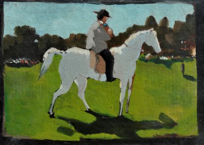 Vit häst med jockey (olja på papper på skiva) av Vito d
