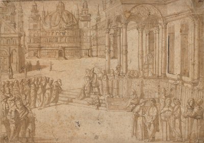 Efter Carpaccio - Jungfru Marie bebådelse i templet ca 1500-20 av Vittore Carpaccio
