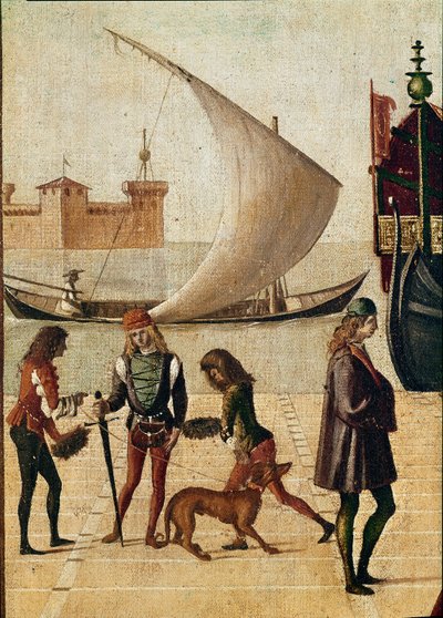 Legend of St Ursula: detalj ankomst av ambassadörerna (från den gyllene legenden av Jacopo da Varagine) (temperaa på duk av Vittore Carpaccio