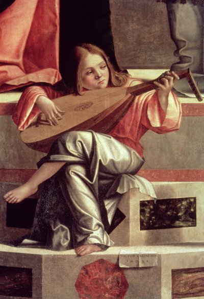 Minstrelängel som spelar luta, detalj från Jesu framställning i templet av Vittore Carpaccio