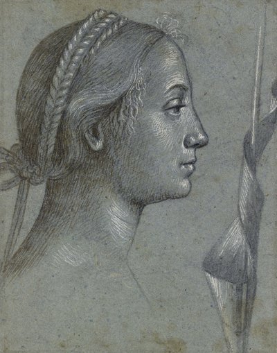 Recto: Head of a Woman with a Pennant lindad runt en påle (svart krita med brun tvätt, förhöjd med vit kroppsfärg på ljusblågrått papper) av Vittore Carpaccio