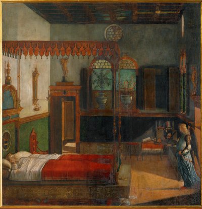 Sankta Ursula drömmer om sitt kommande martyrskap, som tillkännages av en ängel (målning på duk) av Vittore Carpaccio