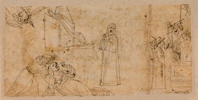 Studier för ett tillkännagivande; för den heliga Agathas martyrskap; för en sörjande Madonna (penna och bläck över krita på papper) (baksidan av 5933930) av Vittore Carpaccio