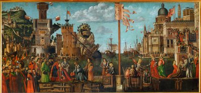 Mötet mellan Ursula och hennes fästman Ereo;pilgrimernas avresa ... (målning på duk) av Vittore Carpaccio