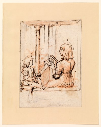 Jungfru Maria läser till Kristus spädbarn (recto), sent 1480-tal-tidigt 1490-tal (penna och mörkbrunt bläck över röd krita, på lagt papper) av Vittore Carpaccio