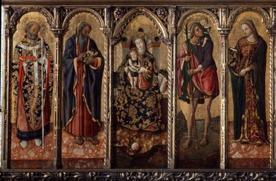 ""Madonna och barn med heliga"" Finns representerade: Saint Nicolas of Myre eller Bari (270-345), Saint Anthony Abbot (Saint Anthony the Great (250/251-356) (eller Saint Anthony eremiten ), Saint Christopher and Saint Catherine (av Alexandria?). av Vittorio Crivelli