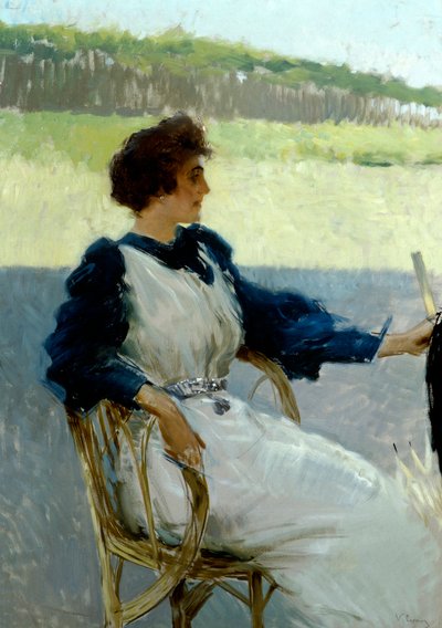 Porträtt av en dam utomhus av Vittorio Matteo Corcos (1859-1933), olja på duk, 92x64 cm, cirka 1910 av Vittorio Matteo Corcos