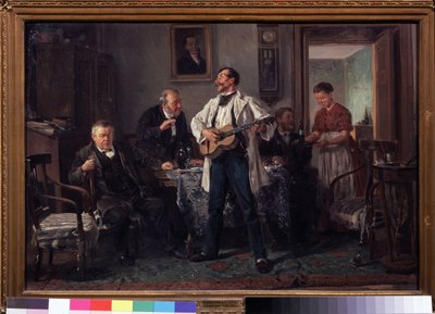 Kompisar. Samlade runt ett bord i ett vardagsrum lyssnar de på en gitarrist som sjunger medan en kvinna ger dem en ny flaska vin. Målning av Vladimir Yegorovich Makovsky (Makovsky, Makovskij) (1846-1920), olja på t. av Vladimir Egorovic Makovsky