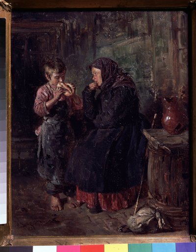 Återträffen (Återträffen). En mamma som har kommit för att hälsa på sitt barn, käpp och ryggsäck liggandes på marken, hon bär fortfarande sin kappa och sin halsduk på huvudet och slukar sin son med ögonen när han äter en sorts brioche. Han är barfota, av Vladimir Egorovic Makovsky
