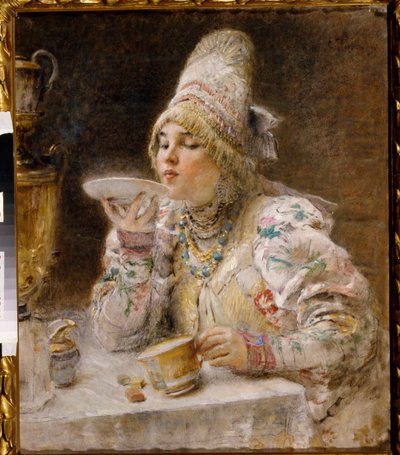 Dags för te. (En Boyar-kvinna (boiard, boiar), i hertigdömet Moskvas traditionella klädsel och huvudbonad, sitter nära en samovar och dricker teet som hon har hällt i fatet på sin kopp). Målning av Konstantin Yegorovich Makovsky (Constantin Mako av Vladimir Egorovic Makovsky