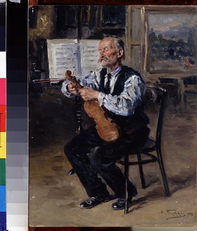 Luthier (Luthier). Hantverkaren stämmer en fiol. Målning av Vladimir Yegorovich Makovsky (Makovsky, Makovskij) (1846-1920), olja på duk av Vladimir Egorovic Makovsky
