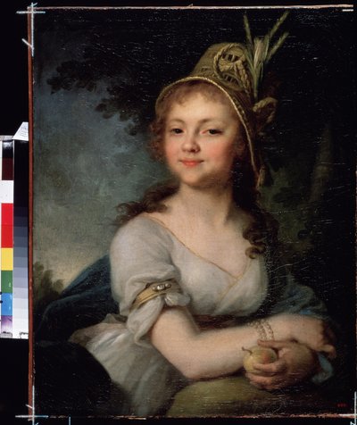 Porträtt av Ekaterina Arsenyeva. Hon har en hatt och armband och håller i en frukt. (Porträtt av Ekaterina Arsenyeva). Målning av Vladimir Lukich Borovikovsky (eller Borovikovsky) (1757-1825). Olja på duk, cirka 1790, 71,5 x 56,5 cm, rysk konst, klassisk av Vladimir Lukich Borovikovsky