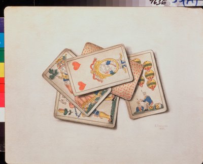 Spelkort, stilleben (spelkort, stilleben) - Verk av Vladimir Pavlovich Sokolov (1860-1913), akvarell på papper av Vladimir Pavlovich Sokolov