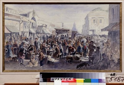 Loppmarknaden i Moskva (Ryssland) (The Second Hand Market In Moscow). Gatubild, med karaktärer i fläckiga och lappade kläder, några äter vid bord framför en barack, andra tittar på varorna som erbjuds, ytterligare andra gömmer sig av Vladimir Yegorovich Makovski