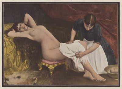 Kvinna som går upp ur sängen (färg litho) av Vlaho Bukovac