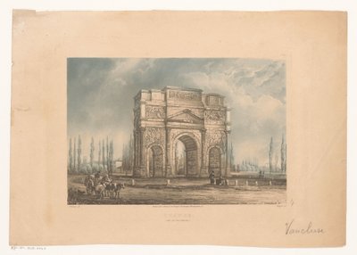 Landskap med triumfbågen i Orange med resenärer Orange. (Arc de Triomphe) (titel på objekt) av Vogel (prentmaker)