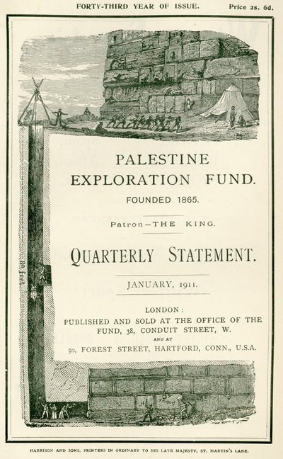 Frontispice som skildrar utforskningar som genomfördes av löjtnant Charles Warren och hans män, nära den södra muren av Haram al Sharif, Jerusalem, från Quarterly Statement of the Palestine Exp av W.H. Simpson