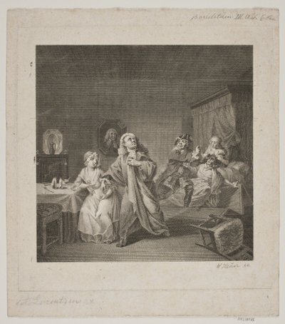Förlossningsavdelning III. akt 6 scen. Gravyr efter Lorenzens Holbergska Galleri. av WIlhelm Heuer