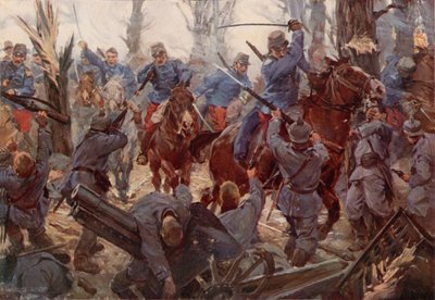 En fransk lätt kavalleri attack vid Lassigny (färg litho) av W.R.S. (after) Stott