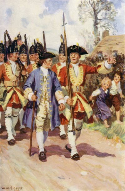 "Hela den dagen marscherade sergeanten och den unge soldaten tillsammans" (färg litho) av W.R.S. (after) Stott