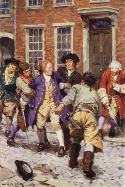 "I detta ögonblick rusade ett antal killar in och grep Jones" (färg litho) av W.R.S. (after) Stott