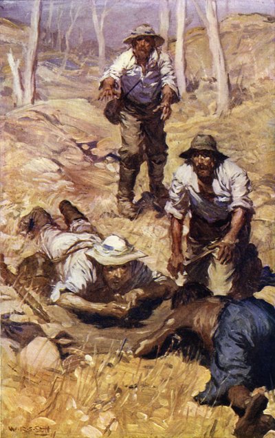 Kapten Gray och hans sällskap hittar vatten (färg litho) av W.R.S. (after) Stott