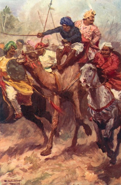 Escape of Suraja Dowla från Plassey (färg litho) av W.R.S. (after) Stott