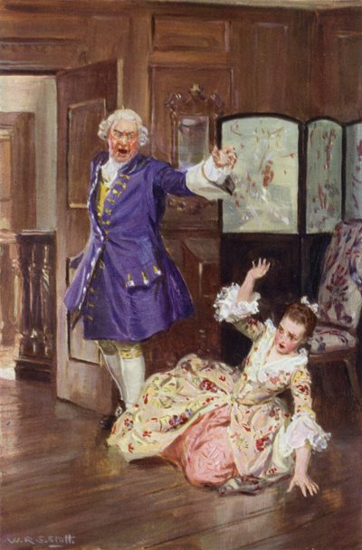 "Han bröt sig sedan från henne med sådant våld att hennes ansikte slog mot golvet" (färg litho) av W.R.S. (after) Stott