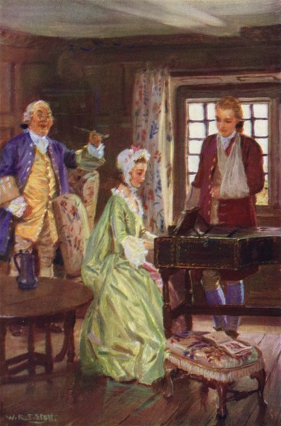 "Det var faktiskt inte heller långt innan Jones kunde ta henne till cembalo" (färg litho) av W.R.S. (after) Stott