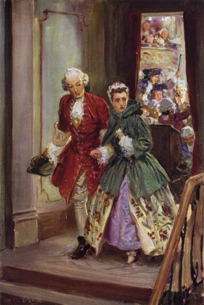"Hon satte sig själv under skydd av en ung adelsman" (färg litho) av W.R.S. (after) Stott