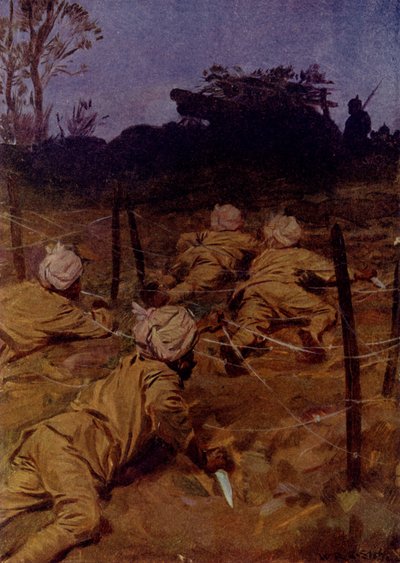 De indiska soldaterna kröp fram lika tysta som katter (färg litho) av W.R.S. (after) Stott