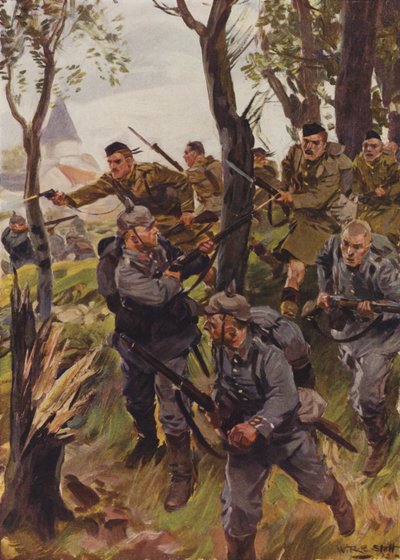 Seaforth Highlanders slår ut fienden (färg litho) av W.R.S. (after) Stott