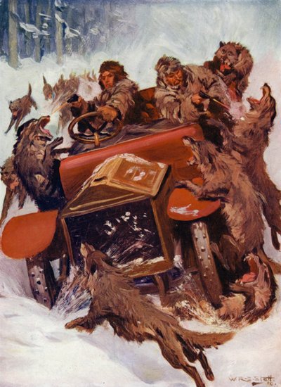 "De häftiga varelserna verkade köra över bilen" (färg litho) av W.R.S. (after) Stott