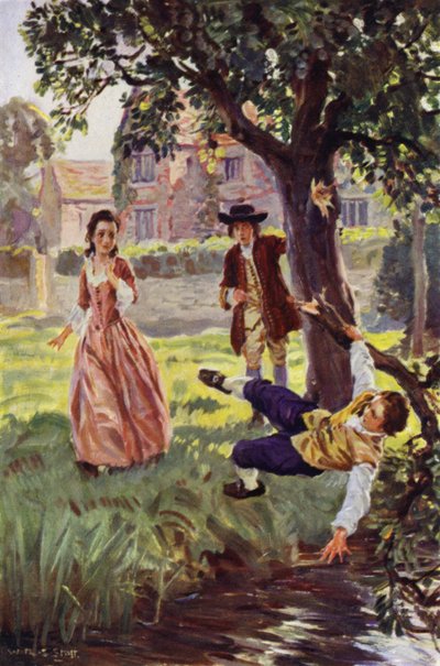 "Den stackars pojken hamnade över huvud och öron i vattnet" (färg litho) av W.R.S. (after) Stott
