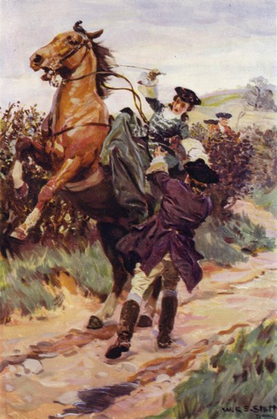 "Det oregerliga odjuret kastade sin vackra börda från hans rygg, och Jones fångade henne i sina armar" (färg litho) av W.R.S. (after) Stott