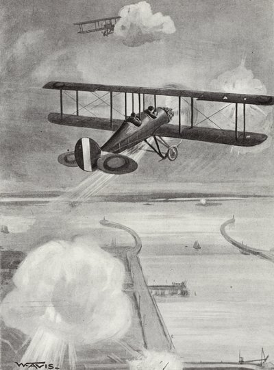 Skvadron-ledare Richard Davies och flyglöjtnant Richard Peirse släpper bomber på ubåtsstationen i Zeebrugge under kraftig eld, 23 januari 1915 av W. Avis
